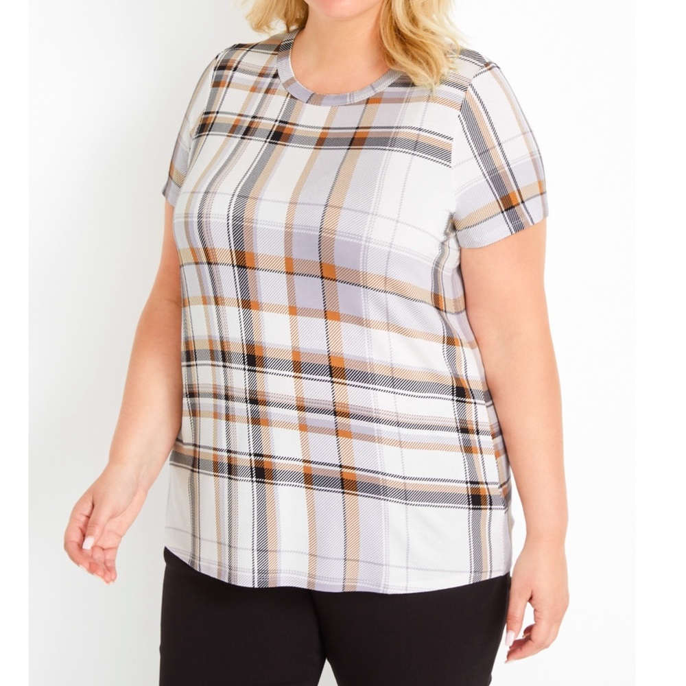 Maurices 24/7 Plaid Crew Neck Tee ~ White Tan Lavender Color Combo ~ Sz 0X